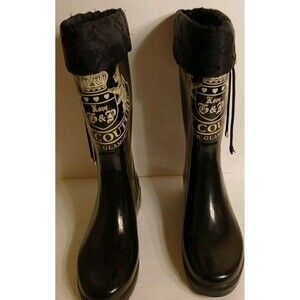 RARE Juicy Couture Signature Logo Black Knee High Rainboots Size 7 GENTLY USED